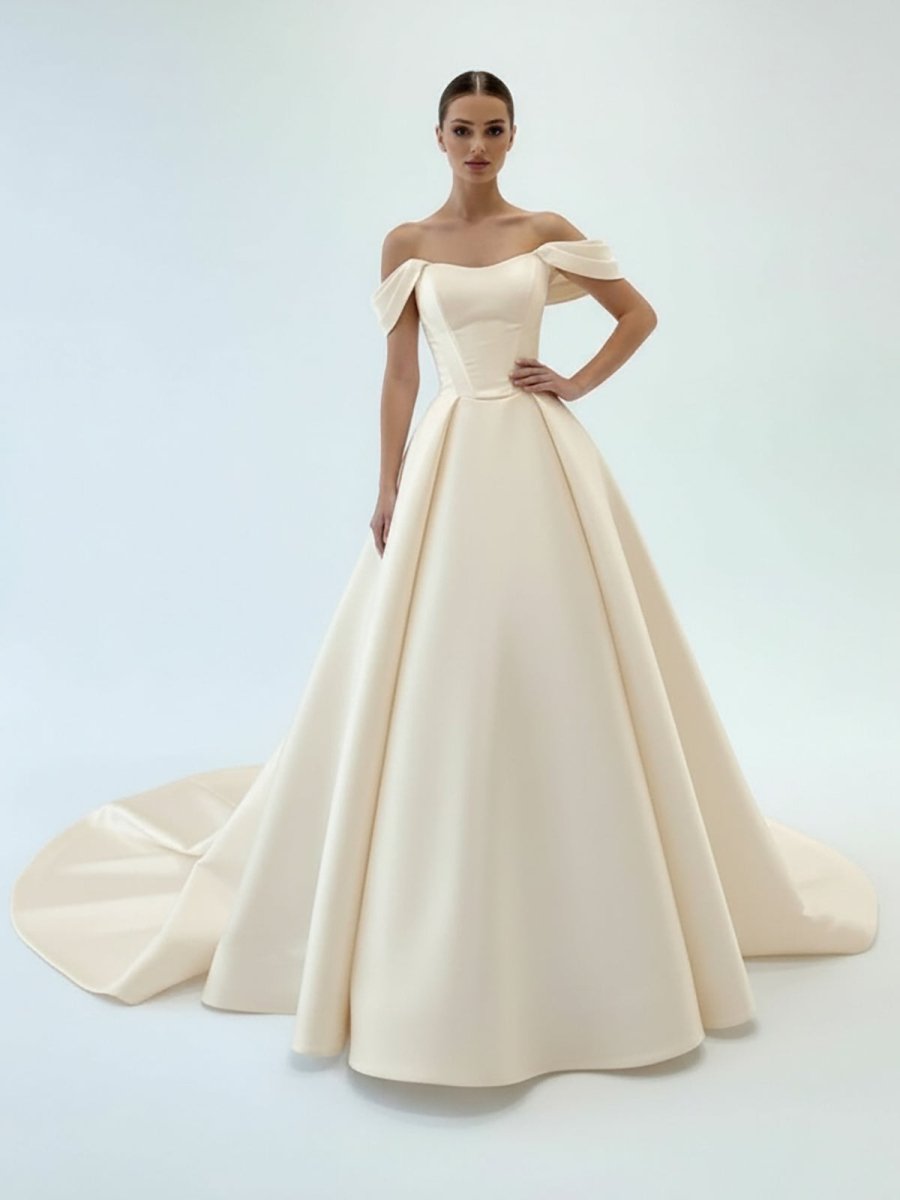 Elegant A-Line Off the Shoulder White Satin Wedding Dresses