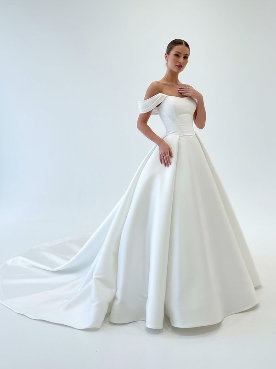 Elegant A-Line Off the Shoulder White Satin Wedding Dresses