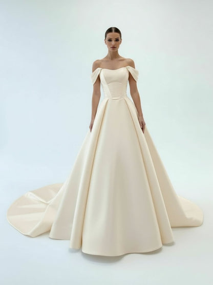 Elegant A-Line Off the Shoulder White Satin Wedding Dresses
