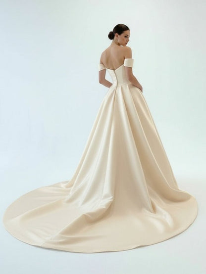Elegant A-Line Off the Shoulder White Satin Wedding Dresses