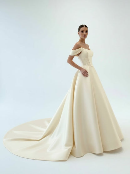Elegant A-Line Off the Shoulder White Satin Wedding Dresses