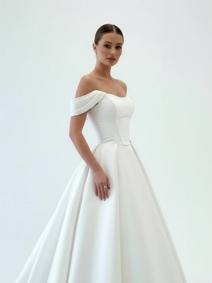 Elegant A-Line Off the Shoulder White Satin Wedding Dresses