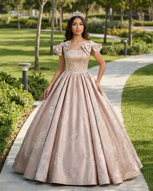 Elegant Ball Gown Pink Beaded Floral Appliques Quinceanera Dress