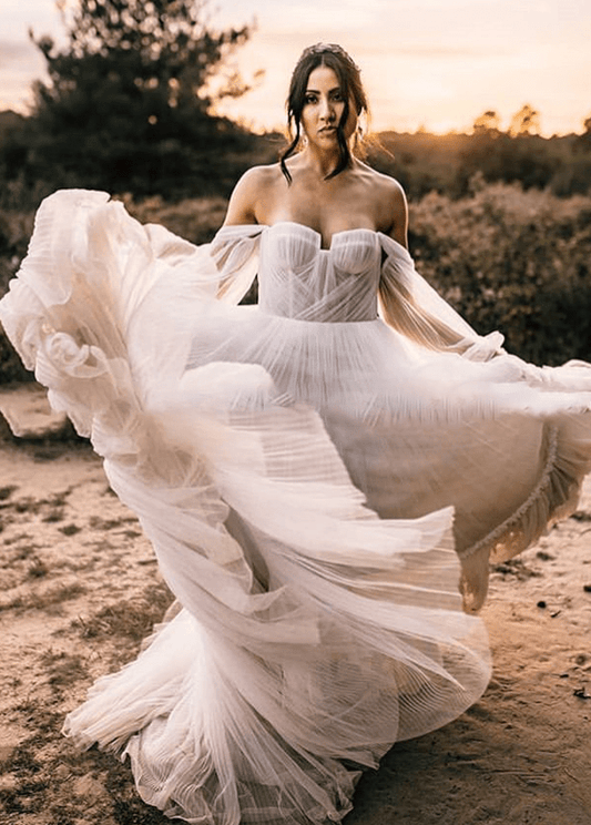 Elegant Flowy Tulle Off the Shoulder Long Sleeve Boho Wedding Bridal Gowns