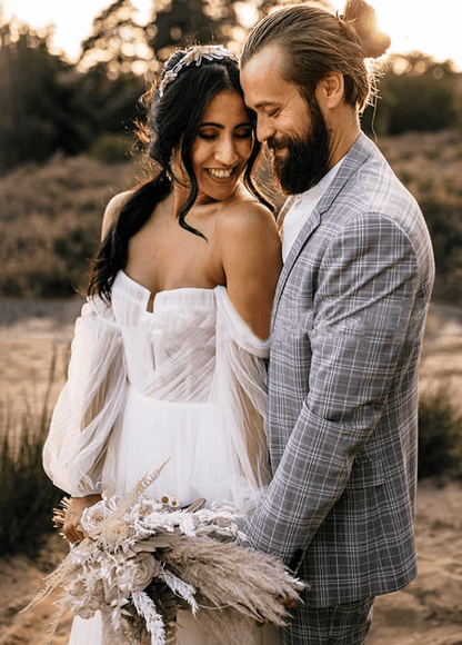 Elegant Flowy Tulle Off the Shoulder Long Sleeve Boho Wedding Bridal Gowns