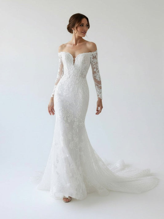 Elegant Mermaid Long Sleeve Off the Shoulder Lace Wedding Dress