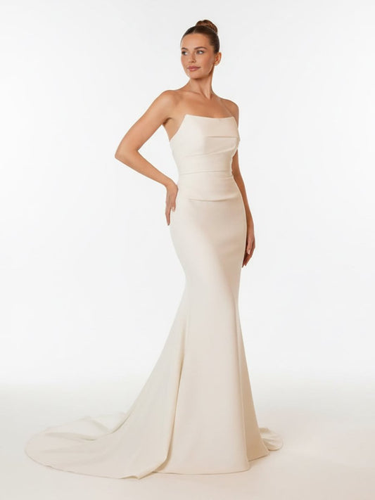Elegant Mermaid Strapless Elastic Satin Wedding Dresses with Train