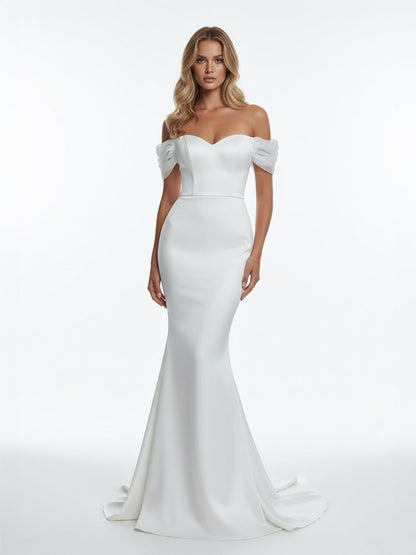 Elegant Mermaid Sweetheart Sexy Off-the-Shoulder Wrap-Around Satin Wedding Dress