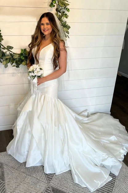 Elegant Mermaid V Neck Taffeta Wedding Dresses