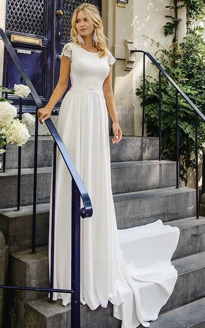 Elegant Satin and Lace Bateau A Line Court Train Wedding Dress with Ruching