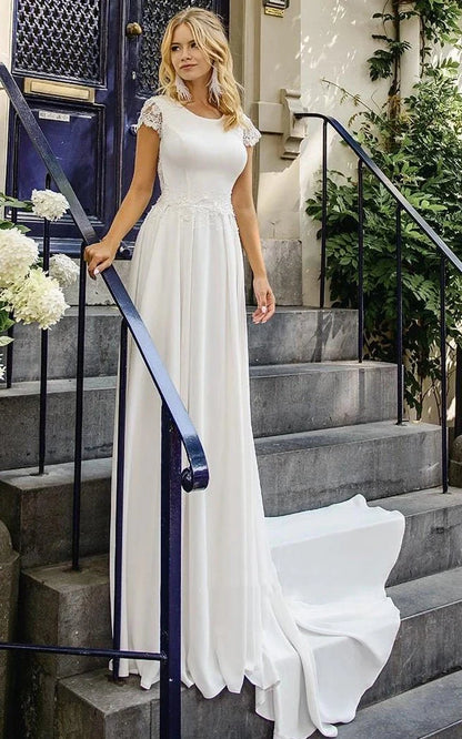 Elegant Satin and Lace Bateau A Line Court Train Wedding Dress with Ruching