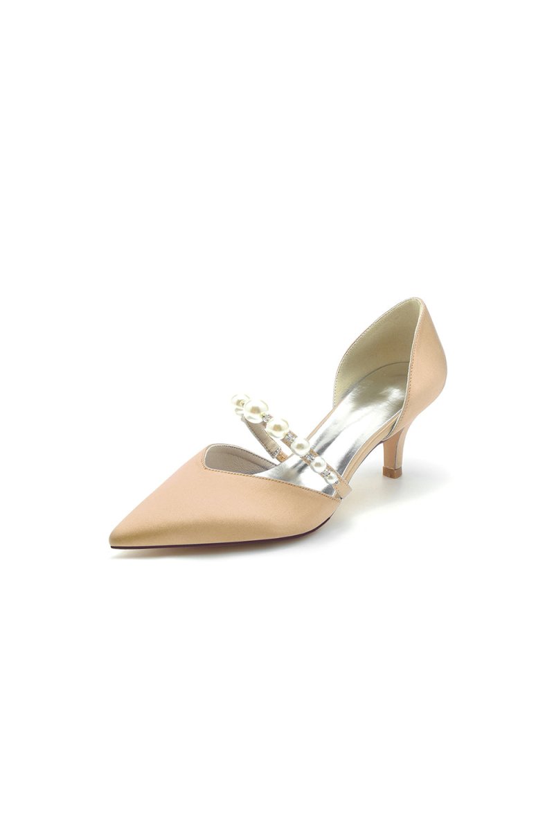 Elegant Satin Pointed Toe Heels with Pearl Strap