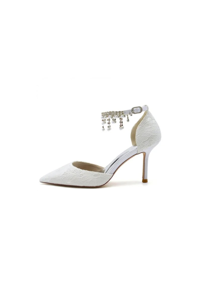 Elegant White Ankle Strap Pearl Beaded Wedding Shoes