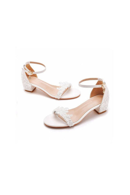 Elegant White Lace Open Toe Ankle-strap Block Heels