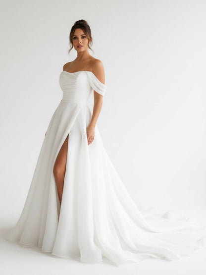 Elegant White Off-the-Shoulder Long Wedding Dress with Slit