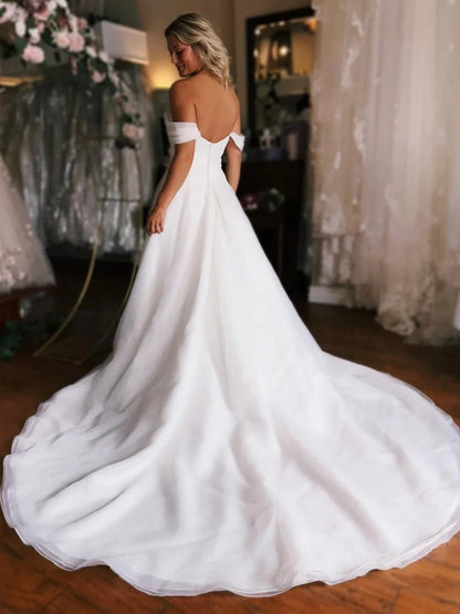 Elegant White Off-the-Shoulder Long Wedding Dress with Slit