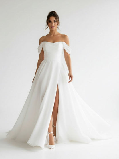 Elegant White Off-the-Shoulder Long Wedding Dress with Slit