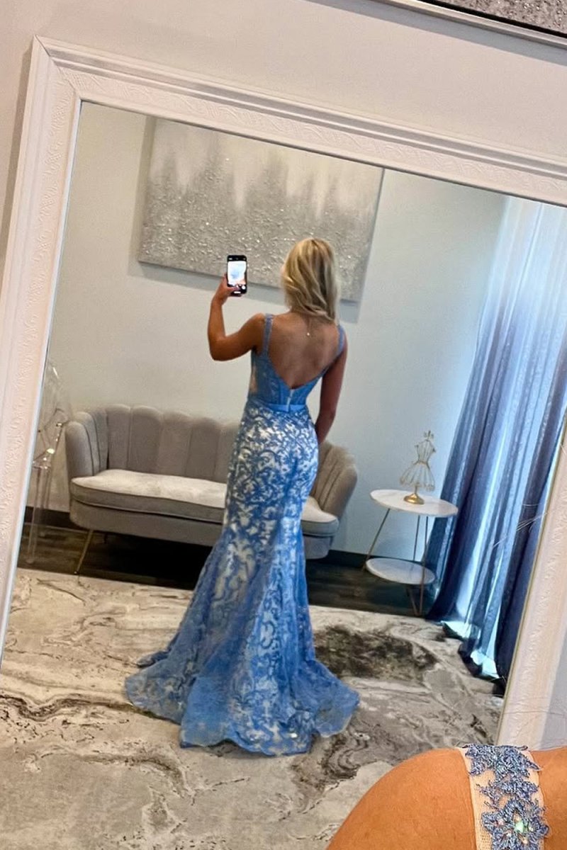 Gorgeous Mermaid Square Neck Blue Lace Prom Dress