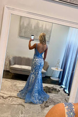 Gorgeous Mermaid Square Neck Blue Lace Prom Dress