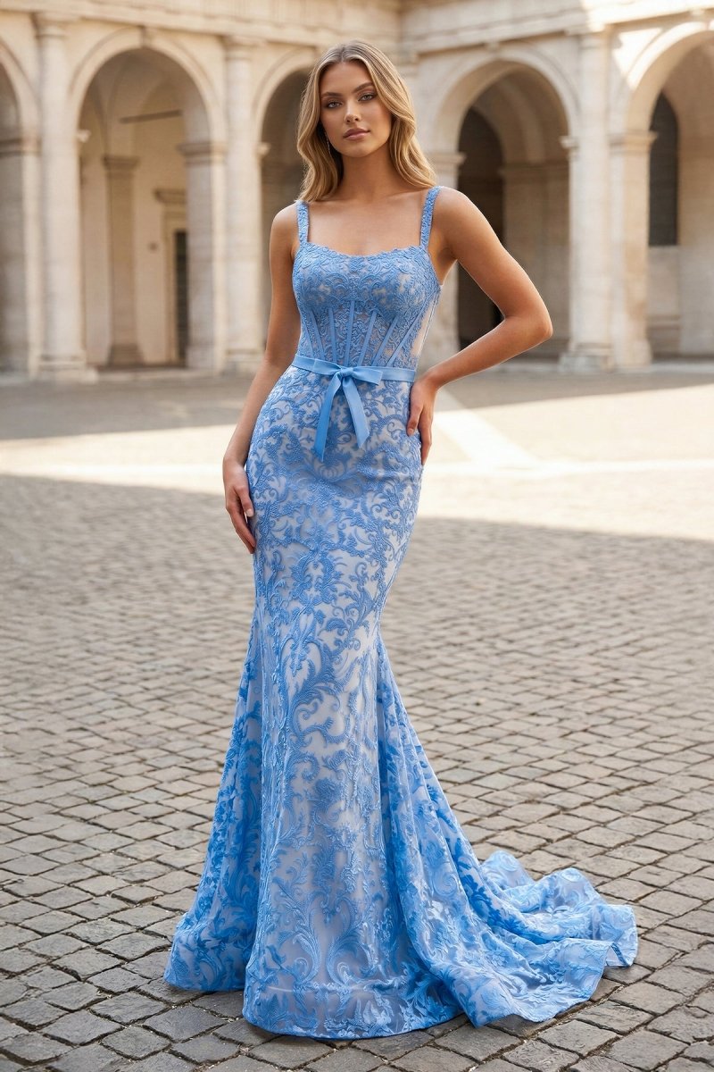 Gorgeous Mermaid Square Neck Blue Lace Prom Dress