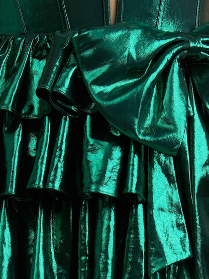 Emerald - Halter A Line Metallic Ruffles Homecoming Dresses With Bow