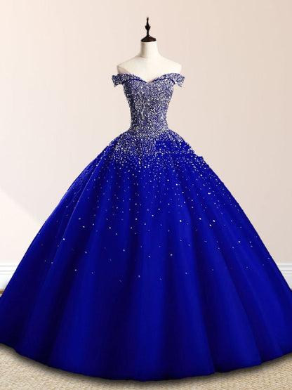 Emerald Green Off The Shoulder Tulle Quinceanera Dresses With Beadings