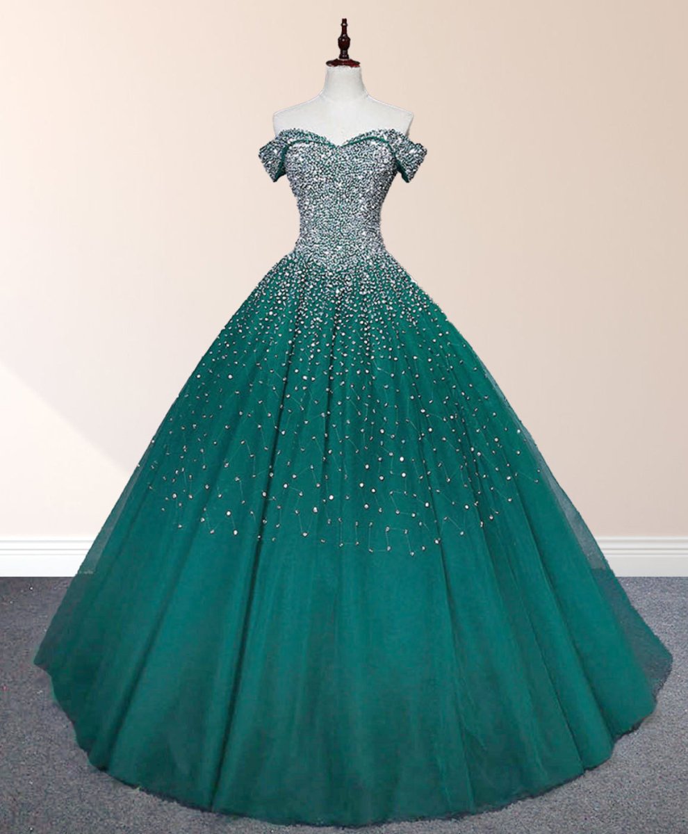 Emerald Green Off The Shoulder Tulle Quinceanera Dresses With Beadings