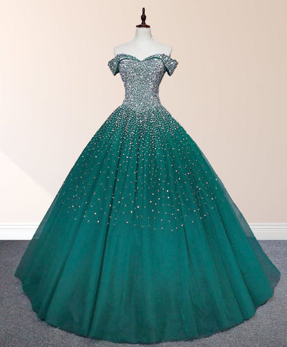 Emerald Green Off The Shoulder Tulle Quinceanera Dresses With Beadings