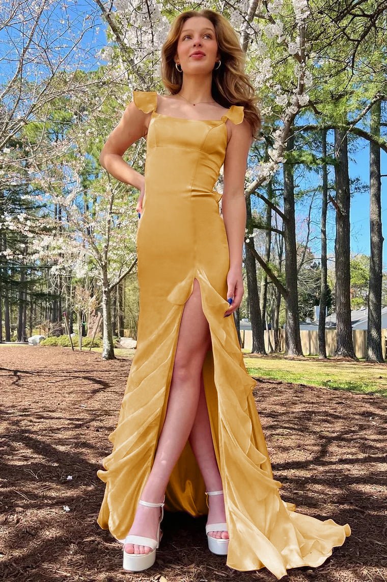 Emerald Green Square Neck Ruffle Slit Prom Dress