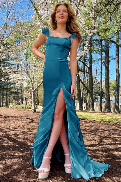 Emerald Green Square Neck Ruffle Slit Prom Dress