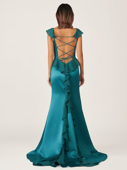 Emerald Green Square Neck Ruffle Slit Prom Dress