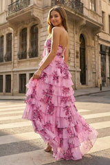 Hot Pink A Line Sweetheart Floral Chiffon Ruffled Long Prom Dresses With Slit