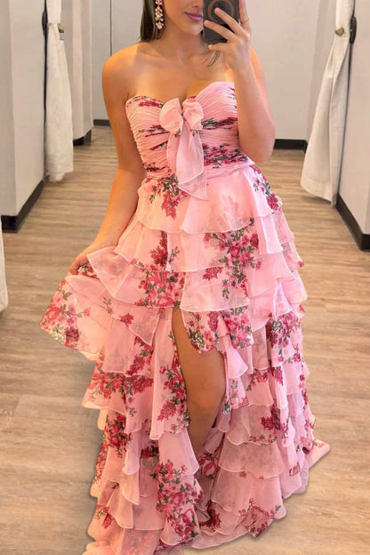 Ivory Sweetheart A Line Floral Chiffon Ruffled Formal Prom Dresses With Slit