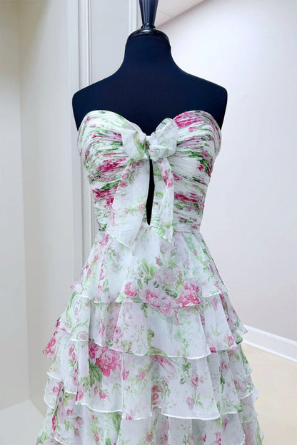 Ivory Sweetheart A Line Floral Chiffon Ruffled Formal Prom Dresses With Slit