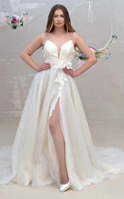 Ethereal A Line Floor-length Sleeveless Tulle Wedding Dress with Split Front