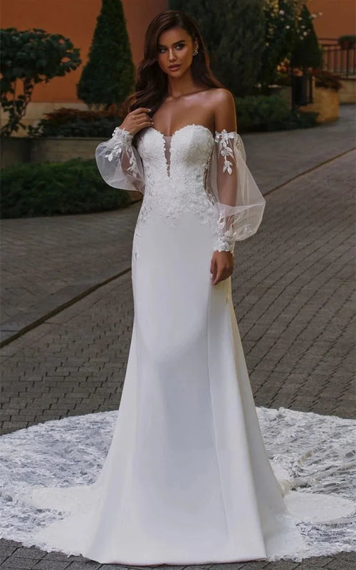 Ethereal Mermaid Plunging Neck Chiffon Tulle Wedding Dress with Appliques