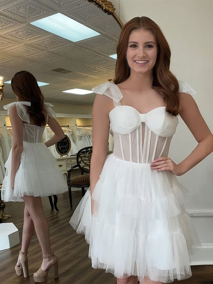 Ivory - A Line Sweetheart Tiered Tulle Short Homecoming Dresses With Bow Straps