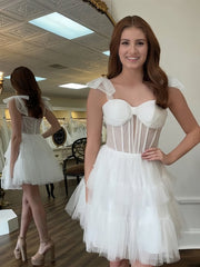 Ivory - A Line Sweetheart Tiered Tulle Short Homecoming Dresses With Bow Straps