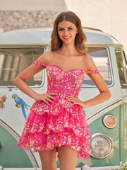 Fuchsia Gold - A-Line Sweetheart Tiered Short Homecoming & Cocktail Dresses