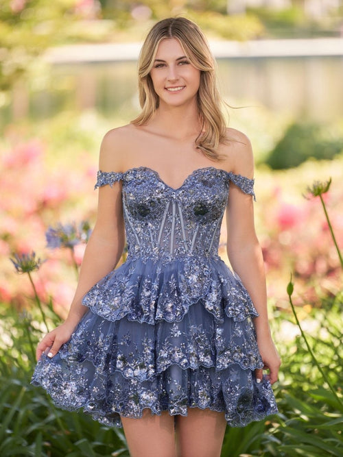 Grey Blue - A-Line Sweetheart Tiered Short Homecoming & Cocktail Dresses