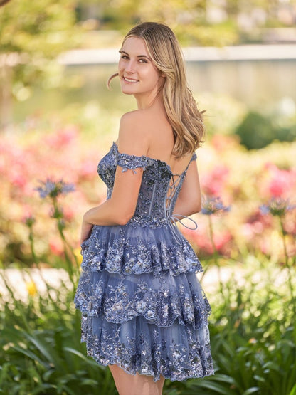 Grey Blue - A-Line Sweetheart Tiered Short Homecoming & Cocktail Dresses