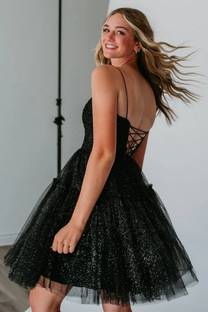 Glitter A-Line Spaghetti Straps Black Tulle Homecoming Dresses