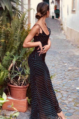 Polka Dot Sheer Backless Tie Maxi Dress