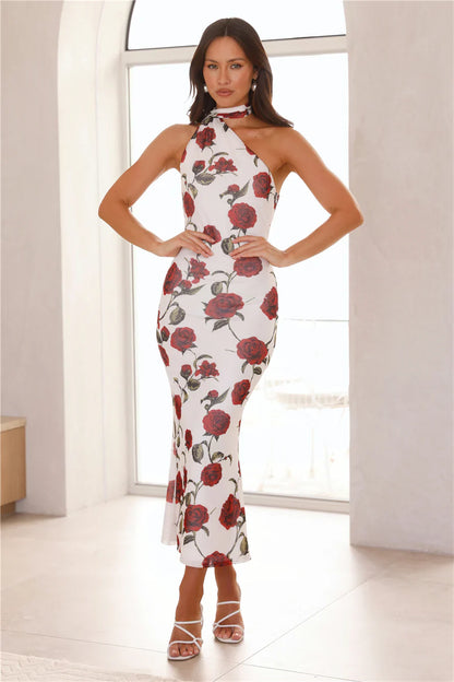 Enchanted Rose Halter Mesh Maxi Dress White
