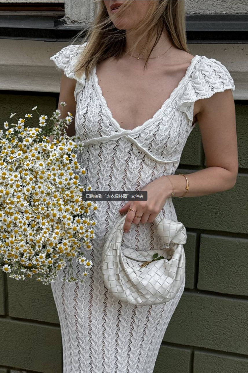 French Ruffle V Neck Knit Pastoral Maxi Dress