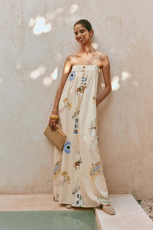 Sexy Spaghetti Strap Linen Vacation Maxi Dress
