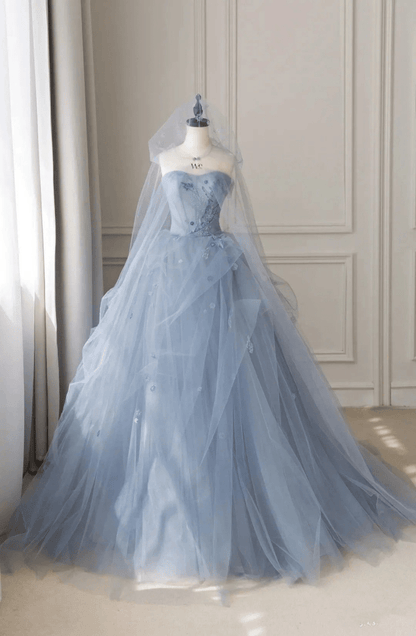 Grey Blue Tulle A-Line Sweetheart Lace-Up Back Quinceanera Dress