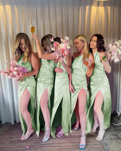 Fashion Sheath One Shoulder Pink Satin Bridesmaid Dresses