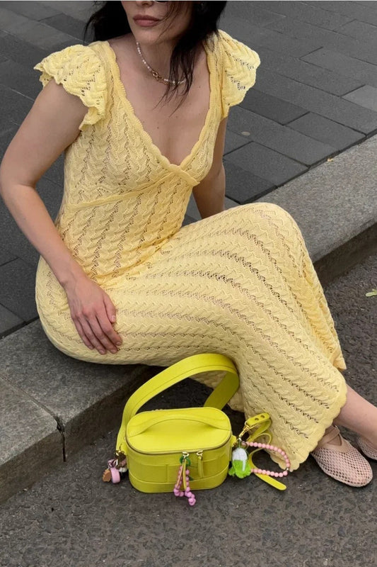 French Ruffle V Neck Knit Pastoral Maxi Dress