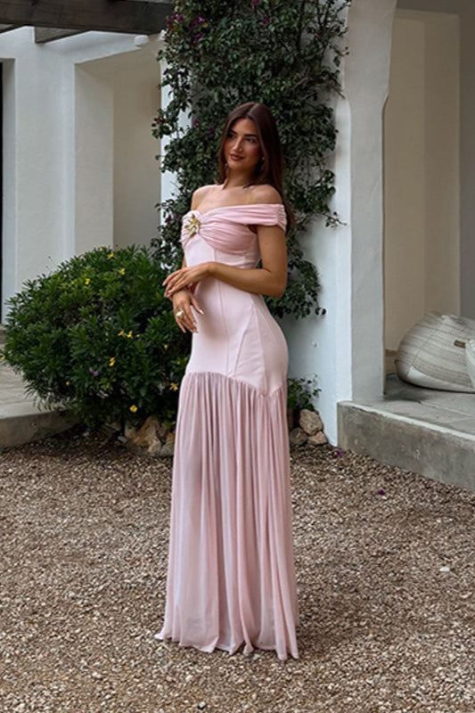 Tube Off Shoulder Mesh Patch Bodycon Maxi Dress